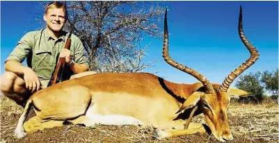  ?? ?? Gunned down: Army officer Nelson Bacon hunted with a South Africa firm that charges clients for each animal they kill, offering rhinos, giraffes and zebras. His grin, next to a dead impala, is as wide as the one on his Facebook profile, where he grips a double-barrelled shotgun