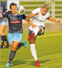  ?? STAFF PHOTO BY DOUG STRICKLAND ?? Pensacola FC’s Celine Rumpf, right, clears the ball against Chattanoog­a FC’s Carlie Banks during Friday’s playoff match at Finley Stadium. CFC lost 6-2, ending its season.