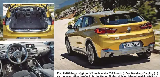  ??  ?? Das BMW- Logo trägt der X2 auch an der C- Säule ( o.). Das Head- up- Display ( li.) sitzt etwas höher, im Cockpit des Neuen finden sich auch handgestic­kte Nähte.