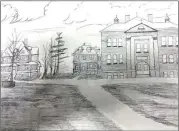  ?? Illustrati­on by Margaret Toncich ?? Shown is a student sketch of St. Leo School along with the rectory and convent.