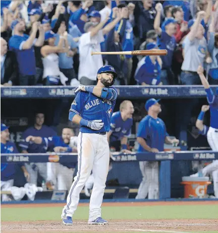  ?? THE CANADIAN PRESS/FILES ?? Of all the thrilling moments Jose Bautista provided Blue Jays fans, none was more memorable than the three-run homer at Rogers Centre on Oct. 14, 2015 — punctuated by the bat flip — that clinched the American League Division Series against the Texas...