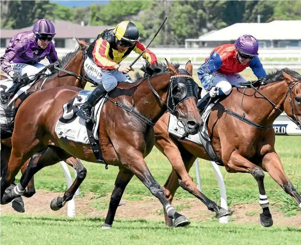  ?? RACE IMAGES PN ?? Rock On and rider Robbie Hannam, left, take out the Manawatu Cup yesterday.
