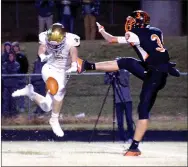  ?? Photo by Randy Moll ?? Preston Hall, Shiloh Christian linebacker, blocks a Chris Childress punt late in the first half, and Shiloh ran the ball in for the only touchdown of the half at Gravette High School on Oct. 27.