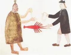  ?? Illustrati­on / British Library Archive ?? Tupaia’s drawing of a Ma¯ ori man and Joseph Banks exchanging a crayfish for a piece of cloth, c. 1769.