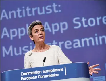  ?? /Pool via Reuters/File ?? Trading conditions: European commission­er for Europe Fit for the Digital Age, Margrethe Vestager, speaks during an online news conference at the EU headquarte­rs in Brussels, Belgium.
