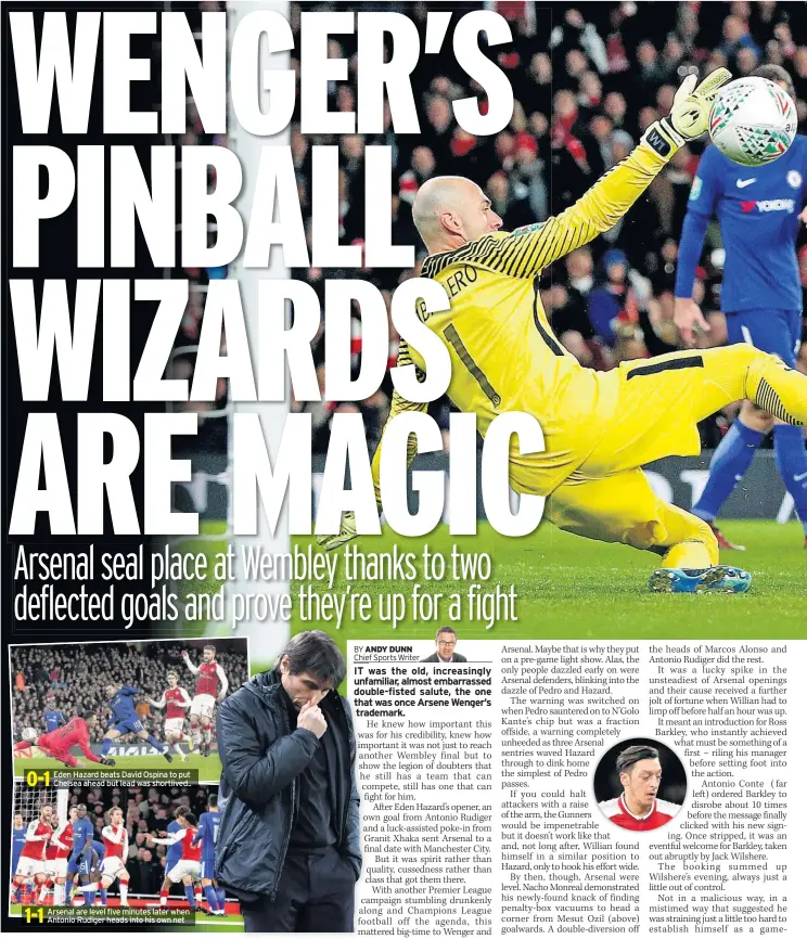  ??  ?? Eden Hazard beats David Ospina to put Chelsea ahead but lead was shortlived.. Arsenal are level five minutes later when Antonio Rudiger heads into his own net