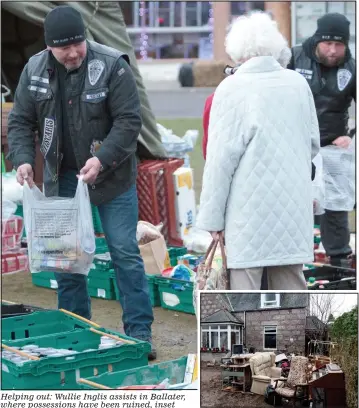  ??  ?? Helping out: Wullie Inglis assists in Ballater, where possession­s have been ruined, inset