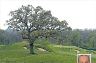  ??  ?? An oak tree stands last month during the U.S. Open media day at Erin Hills, Wis. The man who first imagined the grassy Wisconsin cattle farm as a potential piece of the U.S. Open’s hallowed history, Steve Trattner, right, will be watching on TV from his prison cell 40 miles away.