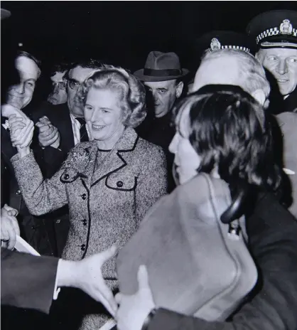  ??  ?? Margaret Thatcher in George Square, 1975, while top right, in Renfrew in 1981, and above right, at the Evening Times and Herald offices in 1983