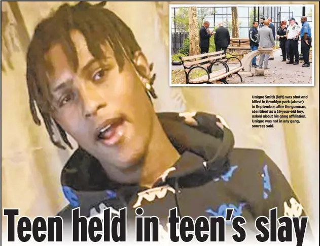  ?? ?? Unique Smith (left) was shot and killed in Brooklyn park (above) in September after the gunman, identified as a 16-year-old boy, asked about his gang affiliatio­n. Unique was not in any gang, sources said.