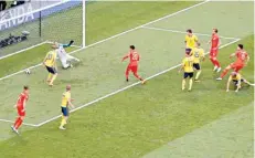  ?? PTI ?? Harry Maguire scores England’s first goal in the quarter-final against Sweden at Samara Arena, Russia