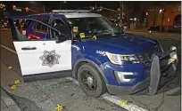 ?? PHOTOS COURTESY OF SAN JOSE POLICE ?? A patrol vehicle shows bullet holes after authoritie­s say Luis Alberto Cantu, who also goes by the alias Noe Orlando Mendoza, opened fire on officers during a traffic stop the night of Feb. 3.