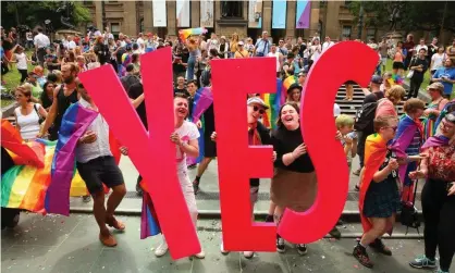  ??  ?? Celebratio­ns after the result of the marriage equality survey in Melbourne. The Senate will consider a cross-party same-sex marriage bill this week. Photograph: Scott Barbour/Getty Images