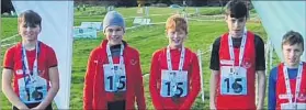  ?? ?? Oran Hegarty, Conor O’Brien, Dave Towey, Sean Riordan and Eoin Toland - Cork relay team pewter medal winners at national cross country finals in Navan on Saturday.