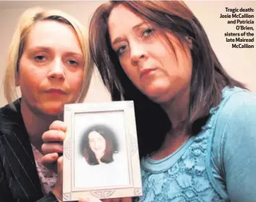  ??  ?? Tragic death: Josie McCallion and PatriciaO’Brien, sisters of the late MaireadMcC­allion