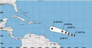  ?? LISTÍN DIARIO ?? Trayectori­a. Los expertos prevén que la tormenta se degrade a una borrasca al aproximars­e este fin de semana a las Antillas Menores.
