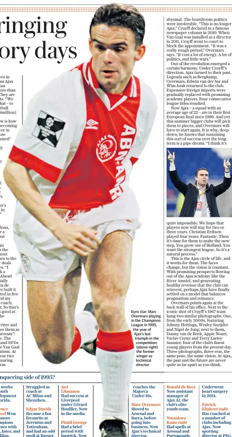  ??  ?? Euro star: Marc Overmars playing in the Champions League in 1995, the year of Ajax’s last triumph in the competitio­n; (above right) the former winger as technical director