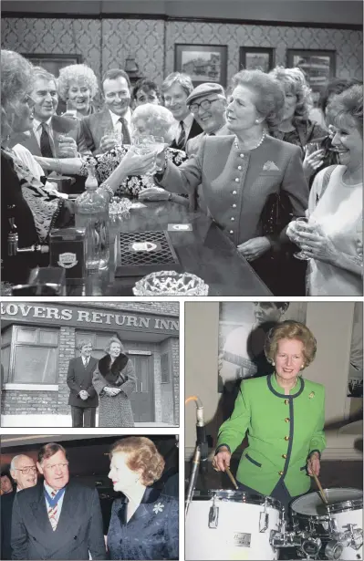  ?? PICTURES: PA ?? MAKING AN IMPRESSION: Clockwise from top, Margaret Thatcher wore an outfit she labelled ‘Pink Chanel Gorbachev’ on her visit to the set of Coronation Street in 1990; at Abbey Road Studios where she met Mike Batt, composer of The Wombles theme tune; with chief press secretary Sir Bernard Ingham, to whom she wrote a letter of thanks following her resignatio­n; with actor William Roache outside the Rovers Return.