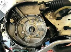  ??  ?? 2: Flywheel and stator off, selector box out, then undo the four central nuts and eight outer nuts to split casing.