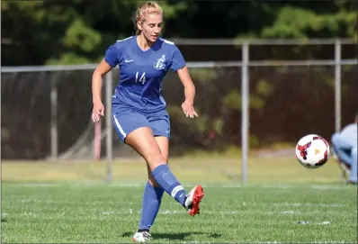  ?? File photo ?? Cumberland senior All-State midfielder Emma Tziachris, seen here in a contest last season, delivered a hat trick and an assist in the Clippers’ 5-0 win over Burrillvil­le Monday afternoon at Gledhill Field.