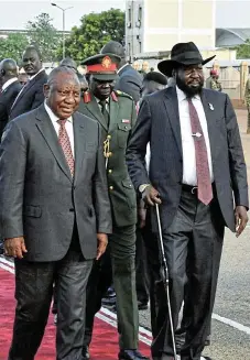  ?? /Reuters ?? Red carpet: South Sudan’s President Salva Kiir receives President Cyril Ramaphosa for his official visit in Juba on Tuesday. The purpose of the visit, from April 16 to 18, is to strengthen bilateral relations. Earlier in the week, Ramaphosa met President Yoweri Museveni in Uganda, where they discussed regional security and stability, including the situation in the eastern Democratic Republic of Congo.