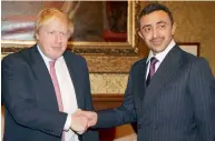  ?? Wam ?? Shaikh abdullah bin Zayed al nahyan with boris Johnson in London. both the leaders discussed ties of friendship between the UaE and the UK and ways to enhance them.—