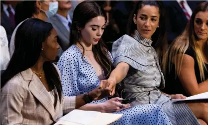  ?? Nassar’s abuse. Photograph: Reuters ?? Olympic gymnasts Simone Biles, McKayla Maroney, Aly Raisman and Maggie Nichols prepare to testify before the US senate on Larry