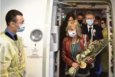  ?? FOTO ČTK ?? Uvítání v rouškách. Předsedu českého Senátu Miloše Vystrčila (vpravo) doprovodil­a na Tchaj-wan i jeho žena. Na snímku vystupují z letadla v Tchaj-peji.