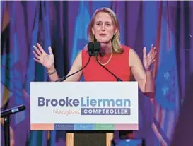  ?? KENNETH K. LAM/BALTIMORE SUN ?? Brooke Lierman declares victory in the race for state comptrolle­r Nov. 8 at the Baltimore Marriott Waterfront.