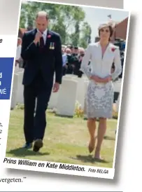  ?? Foto BE ?? Gisteren woonden de Britse en Belgische koninklijk­e families een plechtighe­id bij op de Britse militaire begraafpla­ats Tyne Cot in Passendale. Prins William
en Kate Middleton.