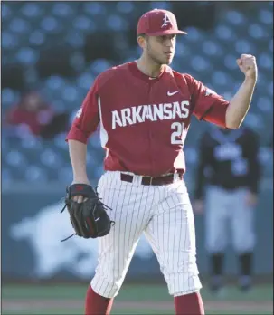  ?? NWA Democrat-Gazette/ANDY SHUPE ?? STRONG START: Arkansas starter Kacey Murphy celebrates the third out of the inning against Grand Canyon, April 5, 2017, to end the third inning at Baum Stadium. Murphy is expected to start for the Hogs tonight at Kansas City against the Kansas State...