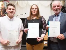  ?? Neil Dennehy, Nicola O’Connell and Denis Horgan with their certificat­es at the KETB awards. ??