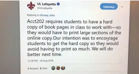  ?? LEIGH GUIDRY/LAFAYETTE DAILY ADVERTISER ?? UL Lafayette’s Twitter response.
