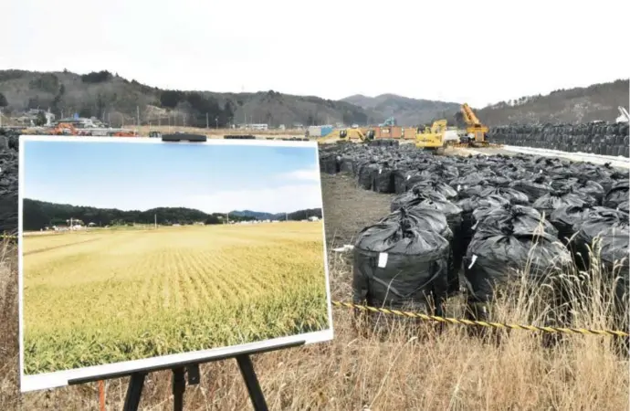  ??  ?? zakken vol afgegraven besmette aarde Een foto van betere tijden prijkt naast in het dorp Iitate, bij Fukushima. © Kyodo/belga