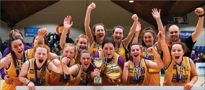  ??  ?? The St Joseph’s, Ballybunio­n team celebrate with the cup after the Basketball Ireland U16 C Girls Schools Cup Final at the National Basketball Arena in Tallaght, Dublin. The North Kerry side won on a scoreline of 37 to 31. Photo by Brendan Moran / Sportsfile