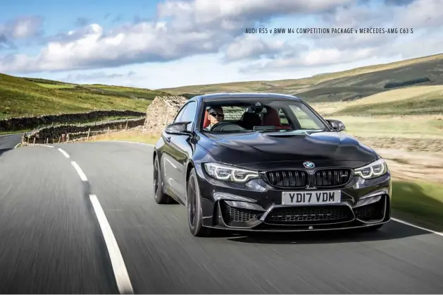  ??  ?? Left: M4 offers an excellent driving position and superbly supportive seats; 19in wheels are a no-cost option, and yield a more composed ride than the standard 20s that we’ve also experience­d; straight-six good for 444bhp in Competitio­n Package spec