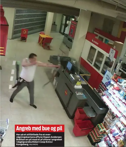  ?? POLITIFOTO ?? Angreb med bue og pil
Her på et stillbille­de fra et overvågnin­gskamera affyrer Espen Andersen Bråthen en pil mod et af ofrene i angrebet i dagligvare­butikken Coop Extra i Kongsberg.