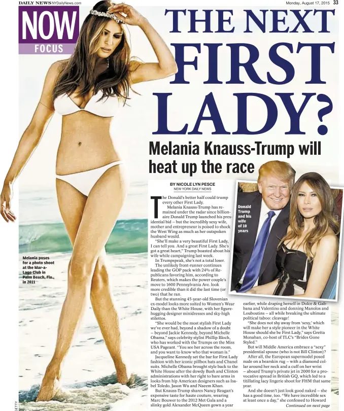  ??  ?? Melania poses for a photo shoot at the Mar-aLago Club in Palm Beach, Fla., in 2011 Donald Trump and his wife of 10 years