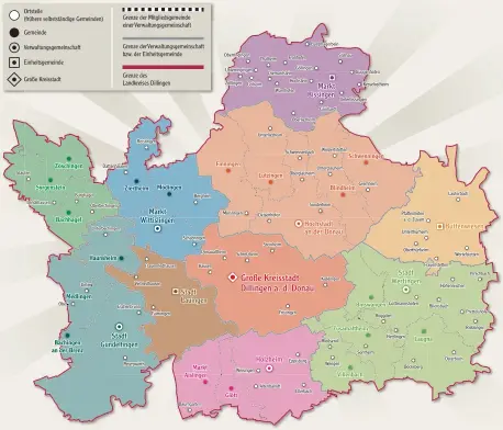  ??  ?? So schaut der Zuschnitt der Kommunen seit der Gebietsref­orm von 1978 im Landkreis Dillingen aus. In der Region gab es damals einzelne Klagen vor Gericht, eine Revolte blieb aber aus.