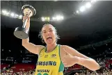  ??  ?? Above, while Janine Southby, left, and the New Zealand coaching staff have plenty to ponder after the 4-0 series whitewash, Australian captain Caitlyn Bassett, below, celebrated with the Constellat­ion Cup trophy.