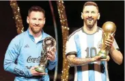  ?? Picture: CESAR OLMEDO / REUTERS ?? UNVEILING CEREMONY: Argentina’s Lionel Messi poses with a statue of himself holding the World Cup at Conmebol headquarte­rs in Luque, Paraguay on Monday