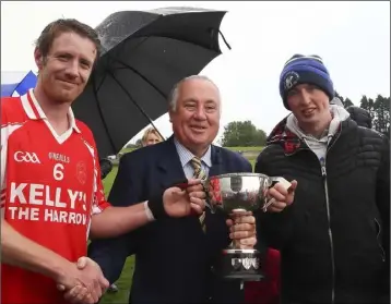  ??  ?? The Monageer-Boolavogue joint captains, Patrick Breen and Paul Gahan, receiving the cup from Noel O’Keeffe, Vice-Chairman of the County Board.