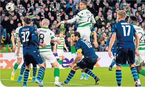  ??  ?? Christophe­r Jullien bullets home the winner against Lazio at Celtic Park