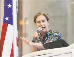  ?? Tyler Sizemore / Hearst Connecticu­t Media ?? Susan Bysiewicz of Middletown, the lieutenant governor elect, speaks at a campaign rally in Greenwich.