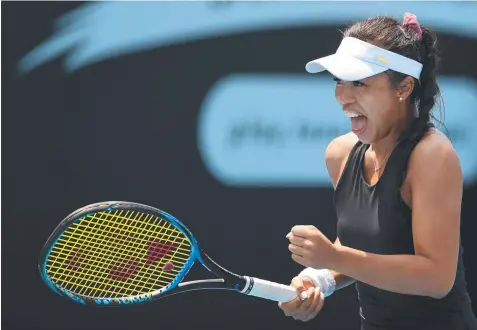  ??  ?? HOW GOOD IS THAT: Australia’s Lizette Cabrera celebrates her upset win over Caroline Garcia in Hobart.
Picture: GETTY IMAGES
