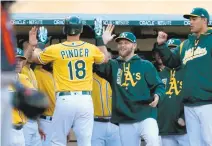  ?? RAY CHAVEZ/STAFF ?? The A’s Chad Pinder (18) is congratula­ted after hitting a solo home run off the Astros’ Francis Martes in the third inning on Tuesday.