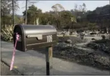  ?? ERIC RISBERG — THE ASSOCIATED PRESS ?? In this file photo, a mailbox, one of few items left at the site of the destroyed home in Napa where Sara and Charles Rippey died in a fast-moving wildfire, shows a pink and black polka dot ribbon that indicates a fire crew has visited the location....