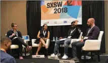  ?? JASON JARRETT / AMERICAN-STATESMAN ?? South by Southwest panelists Grant Jones (from left), Tara August, Jared Campbell and Adam Neuhaus discuss sports fan engagement through social media.