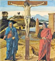  ??  ?? Contrastin­g styles: Mantegna’sCrucifixi­on, left, has clarity and detail, but Bellini’s version, above, shows a better use of light