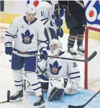  ?? RENE JOHNSTON TORONTO STAR ?? Defenceman Andrew Nielsen, goalie Kasimir Kaskisuo and the Marlies allowed three goals in the opening period on Monday.